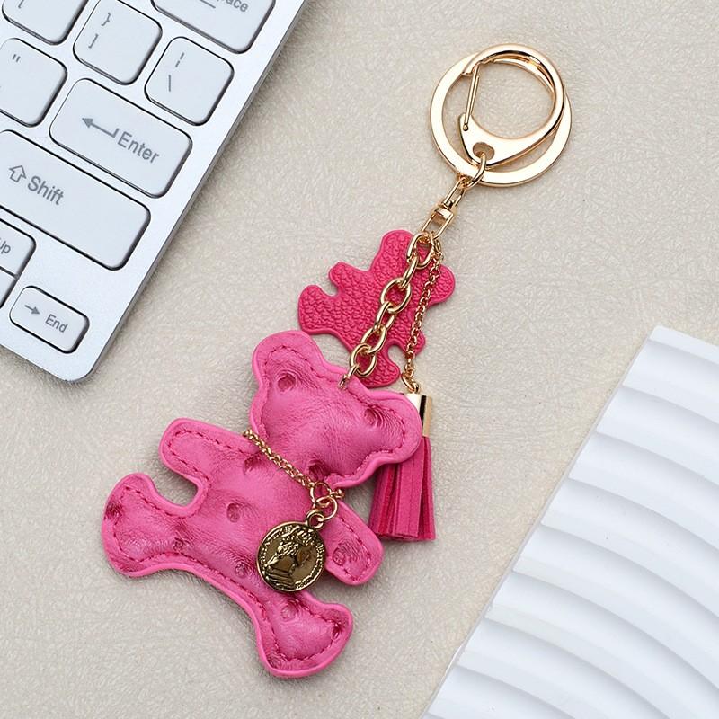 Leather Keychain Teddy Bear Fuchsia Tassels Bag Charm