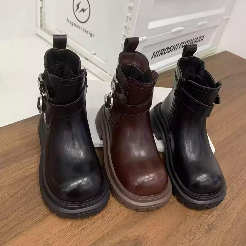 Autumn/Winter Fashionable and Versatile Leather Boots for Girls British Style Fleece-lined Short Boots Non-slip Soft-soled Cotton Boots