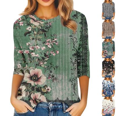 Damenmode Lässiges Rundhals-T-Shirt mit 3/4-Ärmeln und lockerem Aufdruck