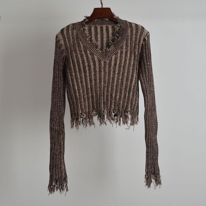 American Retro Sexy V Neck Pullover Fringed Sweater Women's Clothing Spring & Fall Lazy Sweater Long-Sleeved Versatile Top