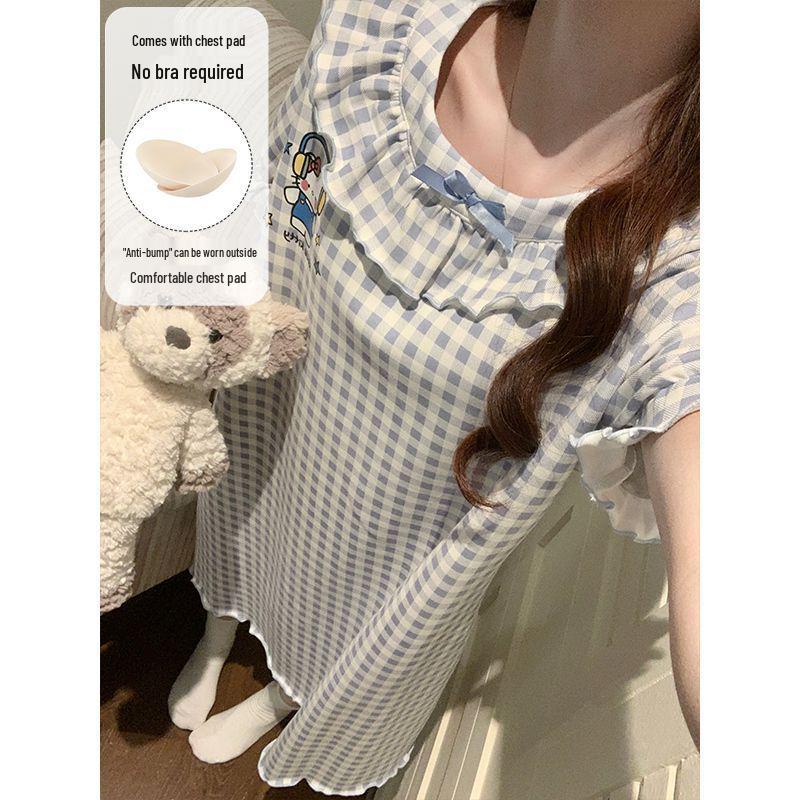 2026 Women's Grey Cartoon Summer Nightgown with Built-in Bra, Round Neck, Short Sleeve, Anti-Nipple, Thin Style for Outerwear and Home Wear.