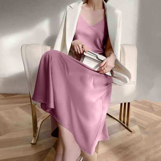 Women Mid Dress Satin Spaghetti Strap V Neck Basic Sleeveless Dress-up Backless High Waist Elegant Lady Summer Dress Women  Clothes