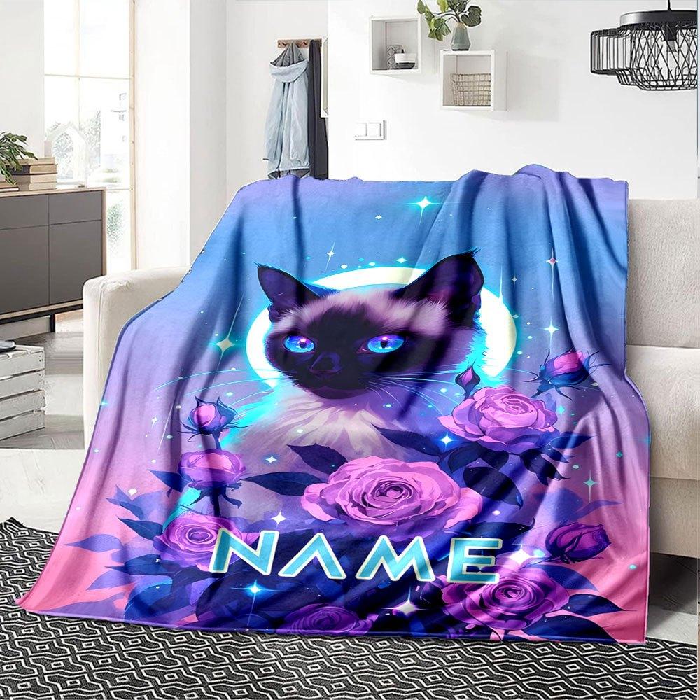 Siamese Cat With Glowing Blue Eyes Surrounded By Purple Roses And Stars In A Dreamy Night Sky Gift Customizable Blanket Personalized Name Comfortable