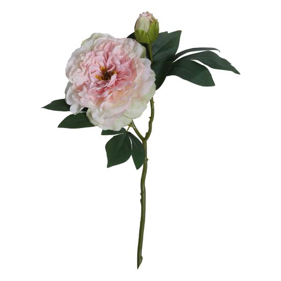 Artificial Peony with Green Leaves 2 Head Realistic Fake Silk Flower