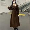 2026 Retro Color Block Corduroy Waist-Cinched Long-Sleeve Dress for Women - Plus Size Spring/Autumn Chic
