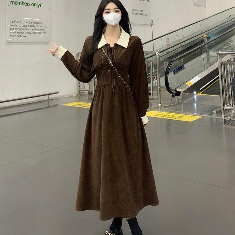 2026 Retro Color Block Corduroy Waist-Cinched Long-Sleeve Dress for Women - Plus Size Spring/Autumn Chic