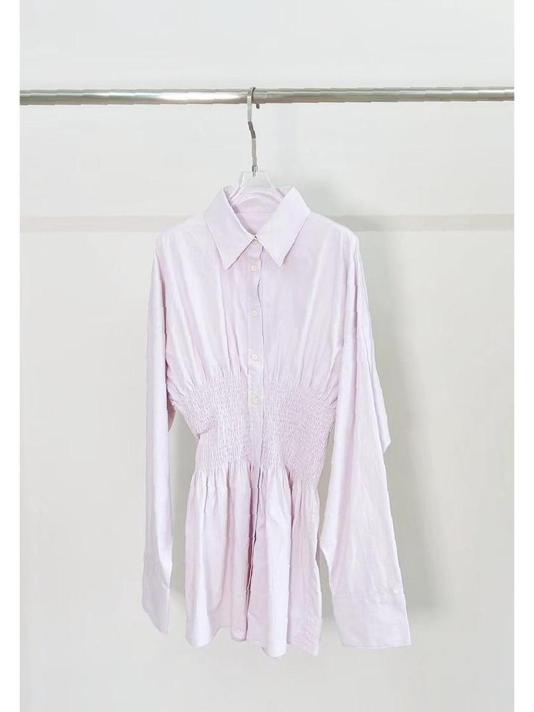 2024 Women's Summer Long Sleeve Shirt Dress with Turn-Down Collar and Waist Tie