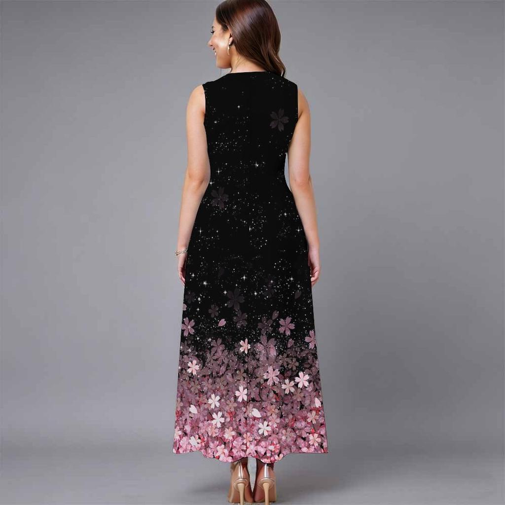 Women Plus Size Sleeveless Round Neck Dress Charming Floral Pattern Loose Mid Calf Gown