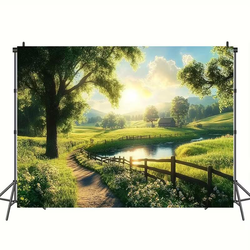 2D Sunrise Farm Backdrop Green Pastoral Landscape Photography Background