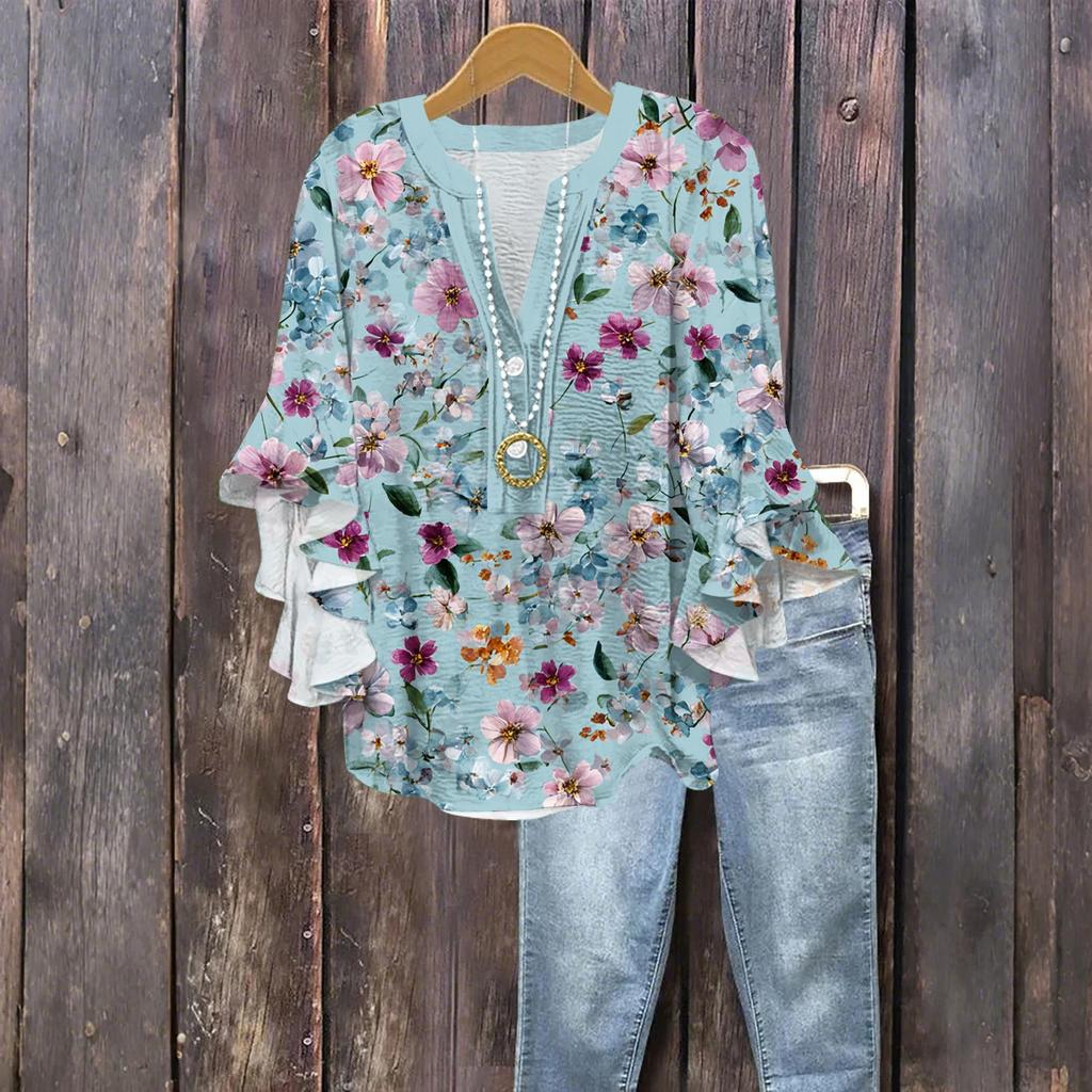Women's Fashion Button V-Neck Ruffle Seven Sleeve Blouse Floral Printed Top