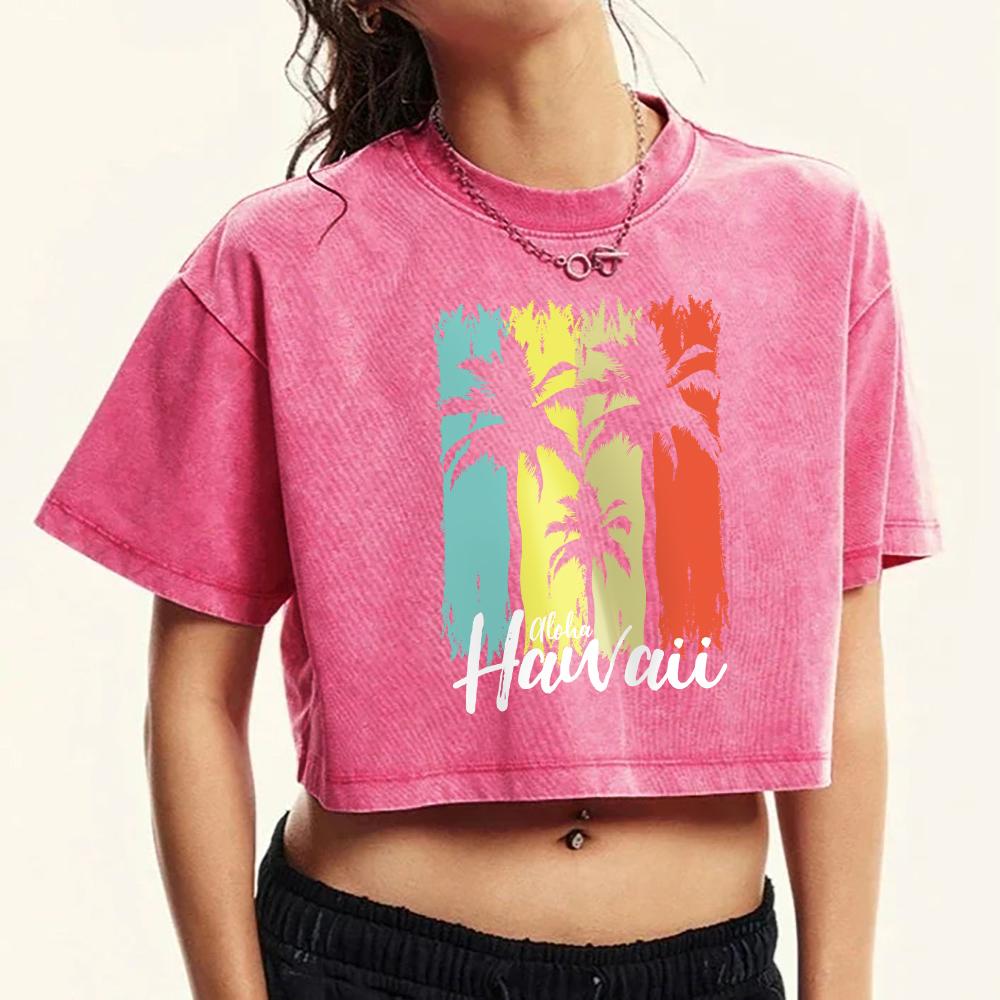 Hawaiian Coconut Tree Prints Washed T Shirts Women Retro Cotton T-Shirt Crewneck Tee Tops Short Sleeve Womans