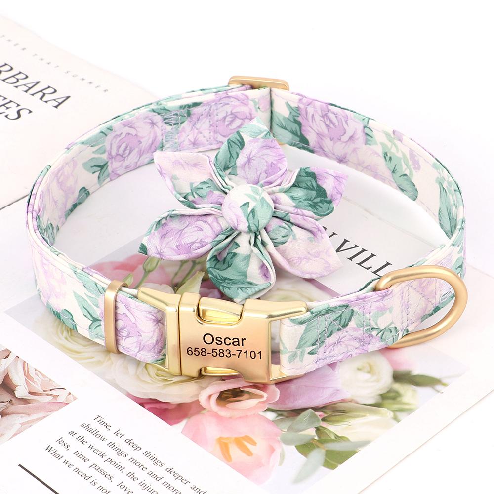 Customized Dog Collar Nylon Print Pet Dog Collars Personalized Pet ID Necklace With Cute Flower For Small Medium Large Dogs Pug