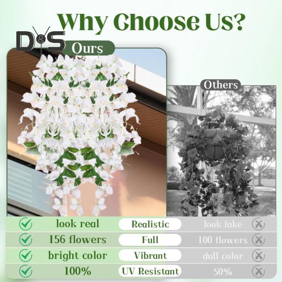 2Pcs Hanging Artificial Bougainvillea Speetabilis UV Resistant Realistic Fake Flower Wedding Party Indoor Outdoor Garden Yard Wall Hanging Faux Bloom
