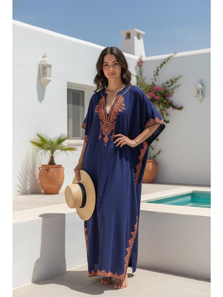 Womens Boho Embroidered V Neck Kaftan Dress Loose Fit Elegant Loungewear Beach Cover Up for Summer Resort Wear Q1545-23001
