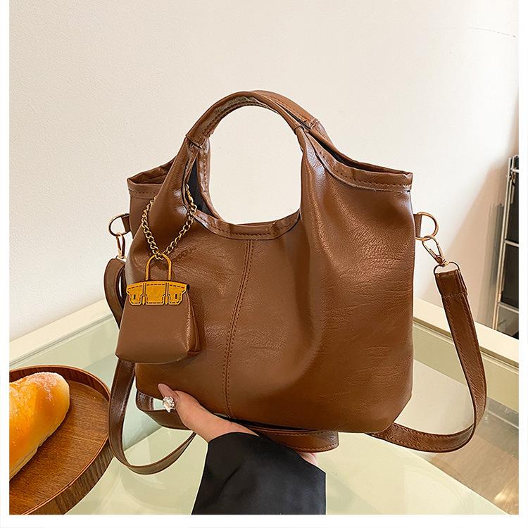 Faux Leather Bucket Handbag for Women, Vintage Style Shoulder Tote, Soft Crossbody Purse with Magnetic Closure KTB