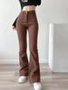 Women's Coffee Color High Waist Bell Bottom Jeans - 2022 Autumn, Stretchy Micro Flare, Floor Length Pants