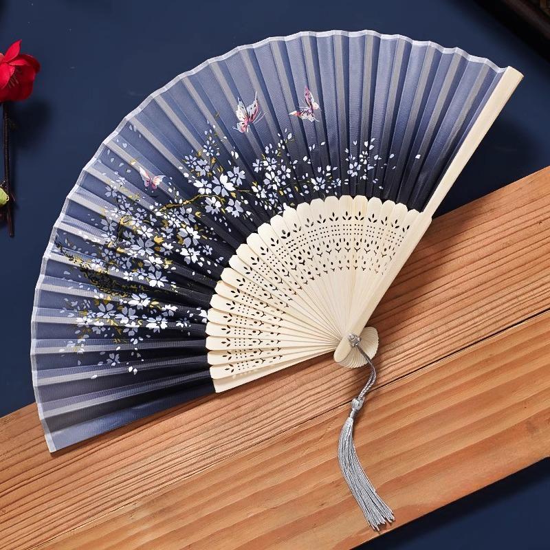 1Pc Chinese Ancient Style Flower Women Folding Fan with Tassel Fringe Hanfu Cheongsam Dance Fan Photo Props Summer Handheld Fan