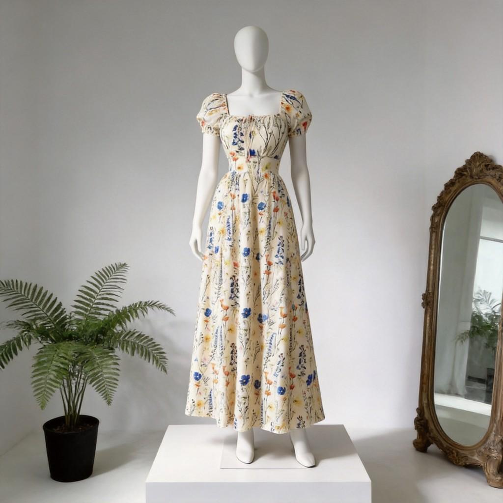 French Bubble Sleeve Printed Dress With Polyester Fabric For Summer Casual Wear