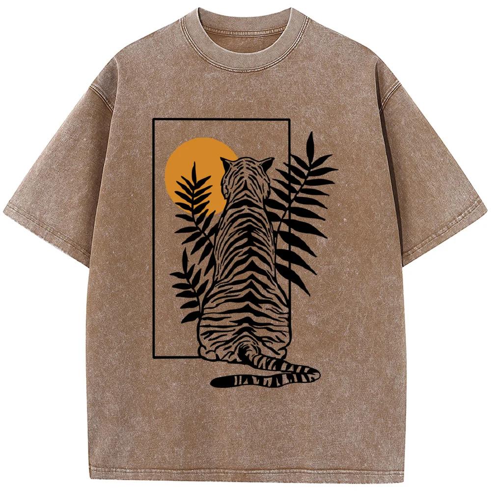 Men's Geometric Tiger Short-Sleeved Shirt  High-Quality Washed Old Tshirt Vintage Colored Mens T-shirts