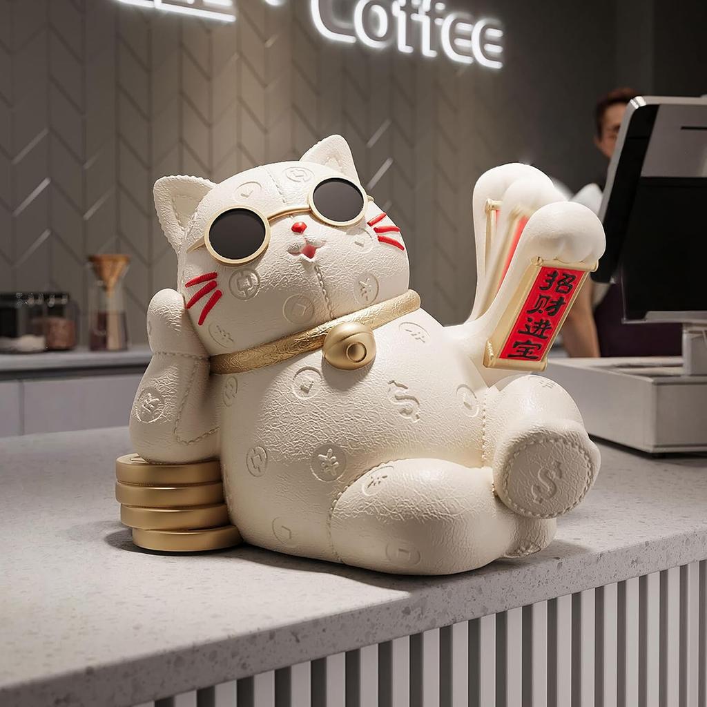 Aris & Juno Coole Sonnenbrille Glückskatzen-Statue - Harz Modernes Feng Shui Dekor für Zuhause Büro Geschäft, für Glück