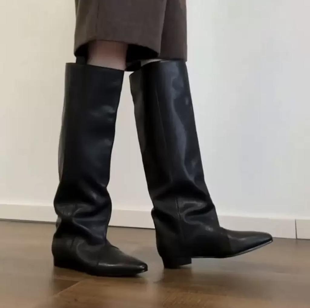 Sheepskin Spot Edition Winter Retro Pointed Boots Women's Suede Pile Folded Knight Boots Skinny Tall Fashion Boots