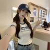 Women's Crew Neck Short Sleeve Letter Graphic Tee Slim Fit Retro American Contrast Trim Cropped T Shirt Y2K Summer Casual Top