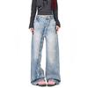 Large size American retro washed diagonal placket button jeans men's and women's design casual floor pants blue