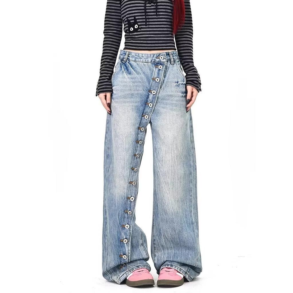 Large size American retro washed diagonal placket button jeans men's and women's design casual floor pants blue