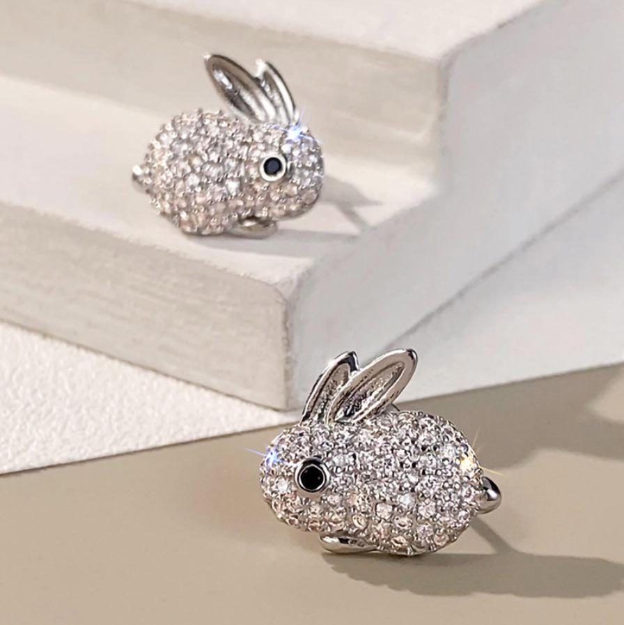 Elegant Zirconia Bunny Ear Studs - Eco-friendly Alloy, Rhinestone Design, Versatile Earrings