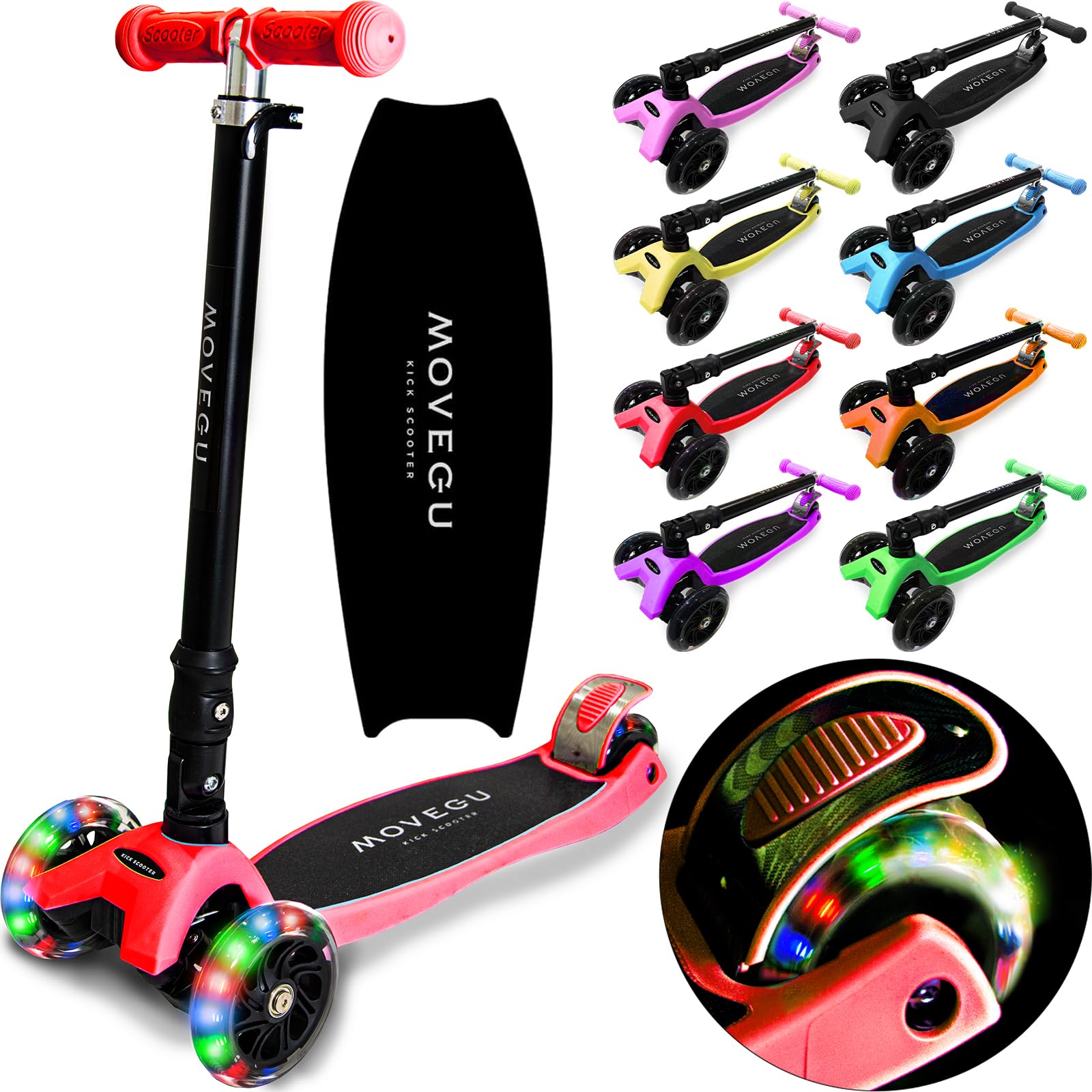 

MOVEGU Kids Kick Scooter Tri-Wheel Adjustable Height Lightweight Durable Direction Change Light-Up LED Tires Foldable Easy to Carry Max Load 50kg Rear