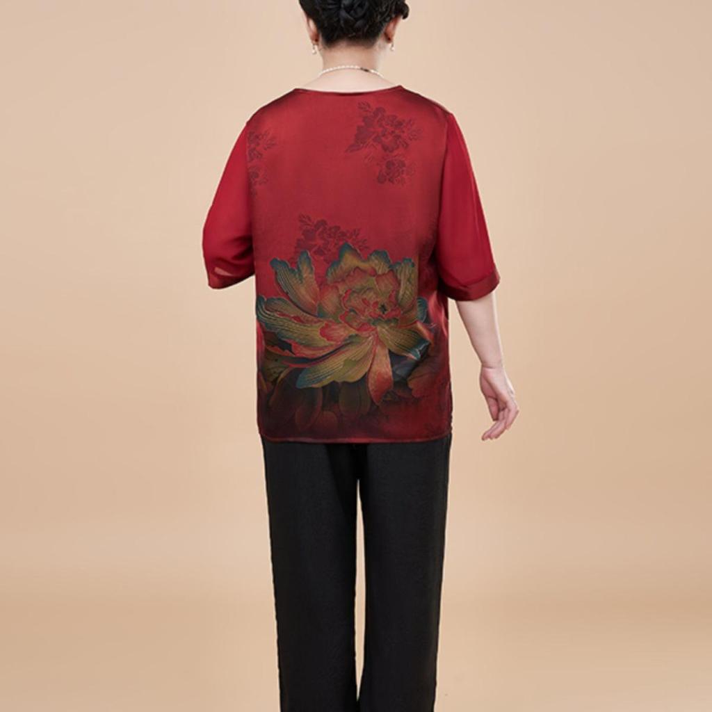 Dwuczęściowy zestaw damski z krótkim rękawem w dużych rozmiarach na lato 2025 - Dopasowany dla kobiet w średnim wieku i seniorek