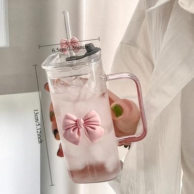 [Φιάλη από Γυαλί Ανθεκτικό στη Θερμότητα] Ανθεκτική στη Θερμότητα 1τμχ Γυάλινη Μπουκάλα Νερού με Καλαμάκι&Χερούλι | Διαφανές Επαναχρησιμοποιήσιμο Κύπελλο με Σχέδιο Ροζ Φιόγκο&Διακοσμητικό Καλαμάκι