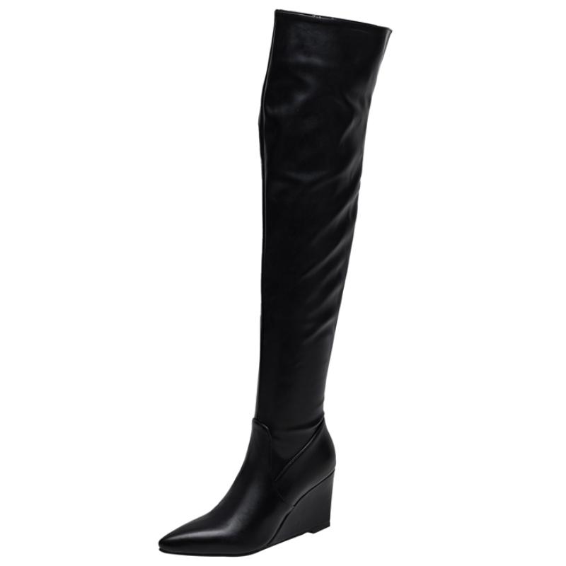 Μόδα Σέξι Πάνω από το Γόνατο Ψηλές Μπότες Σφήνα Γυναικεία Τακούνια Μυτερή Μύτη Μέχρι τον Μηρό Μακριές Μοντέρνες Μπότες Γυναικεία Παπούτσια Μαύρο Λευκό Σφήνα Υπόδημα