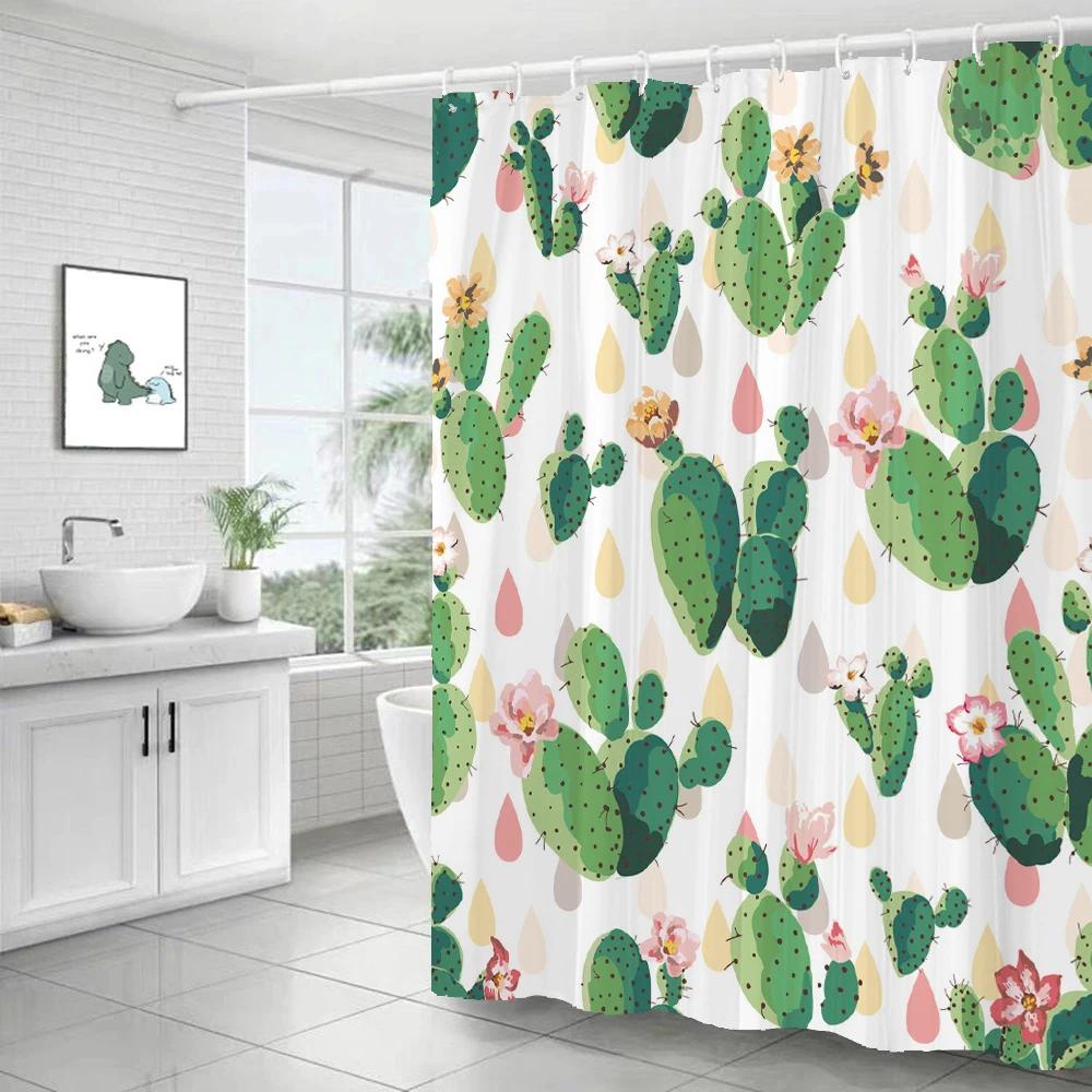 Cactus Pattern Bath Curtain Waterproof Fabric Shower Curtains Fresh Flower Plant Bathtub Screen For Bathroom Home Decoration
