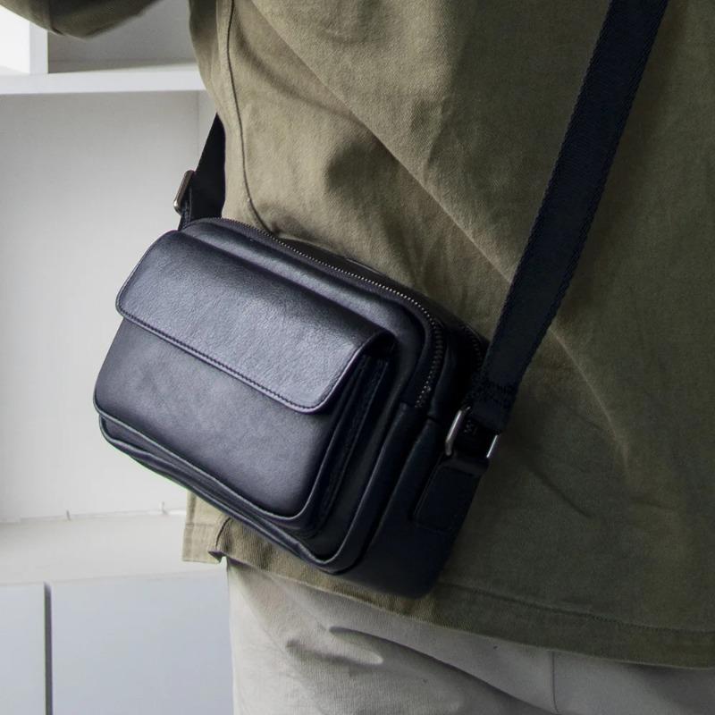 Genuine Leather Men's Crossbody Bag - Horiztal Square Design Shoulder Purse, Lightweight Fashiable Wallet for Casual Use