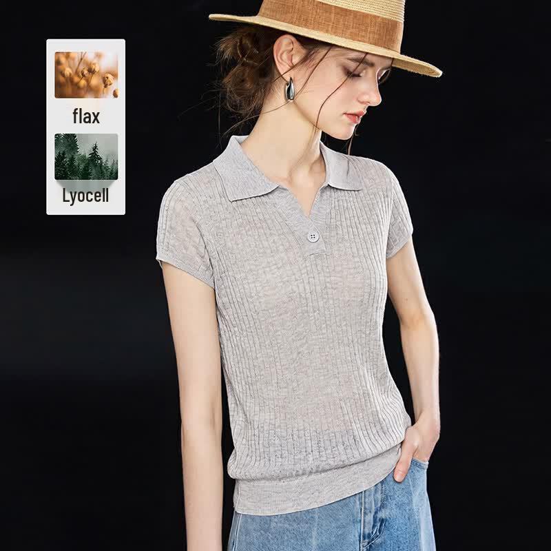 Fogdao Women s Tencel Linen Knit Polo T-Shirt One Size