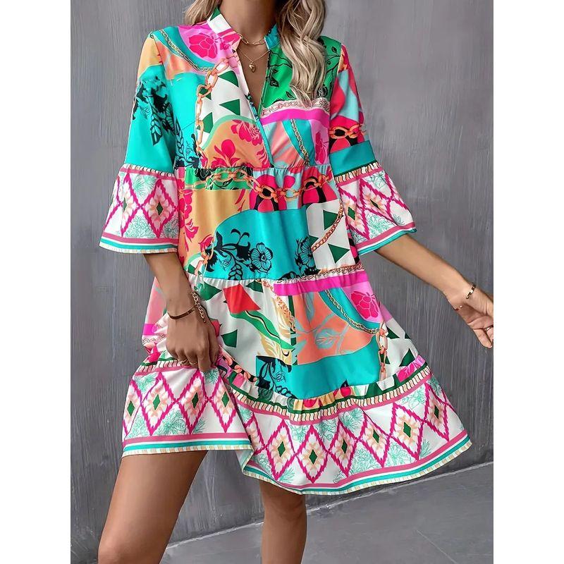 Fall Fashion New Arrival Fashion V Neck Chain Irregular Pattern Print Ruffles Hem Bell Sleeve Dress Dress