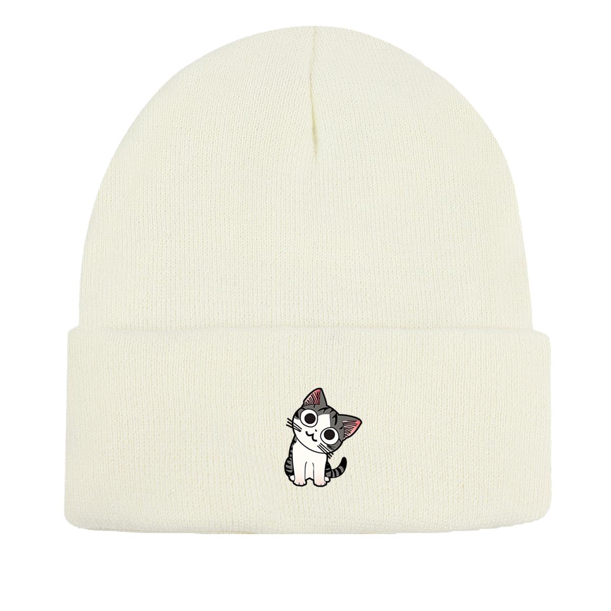 

Шапка для девочек с принтом мультяшного кота, теплые зимние шапки для женщин, легкие однотонные ветрозащитные головные уборы, эластичные шапочки Skullies as the picture белый