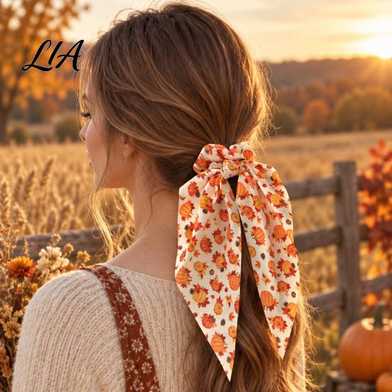 Vintage Pastorale Stil Haarschleifen Herbst Kürbis Ahornblatt Krawatte für Damen, Schleifenknoten Band Pferdeschwanz Herbsternte Krawattenhalter, Weicher Stoff Elastisch
