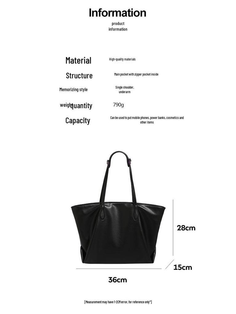 2024 Women's Black Soft Leather Tote Bag - Large Capacity, Versatile Korean Style, Perfect for Commute & Student Use