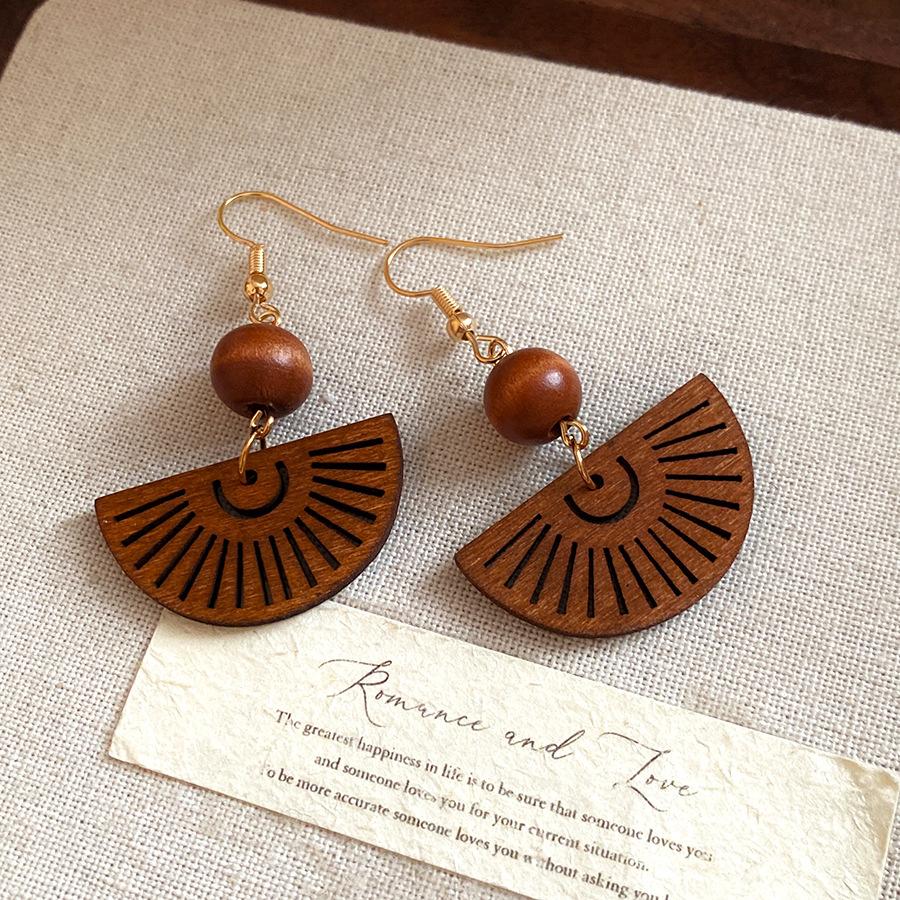 Bohemian wood beads hollow fan pendant ear hook ethnic style retro earrings niche high-end earrings