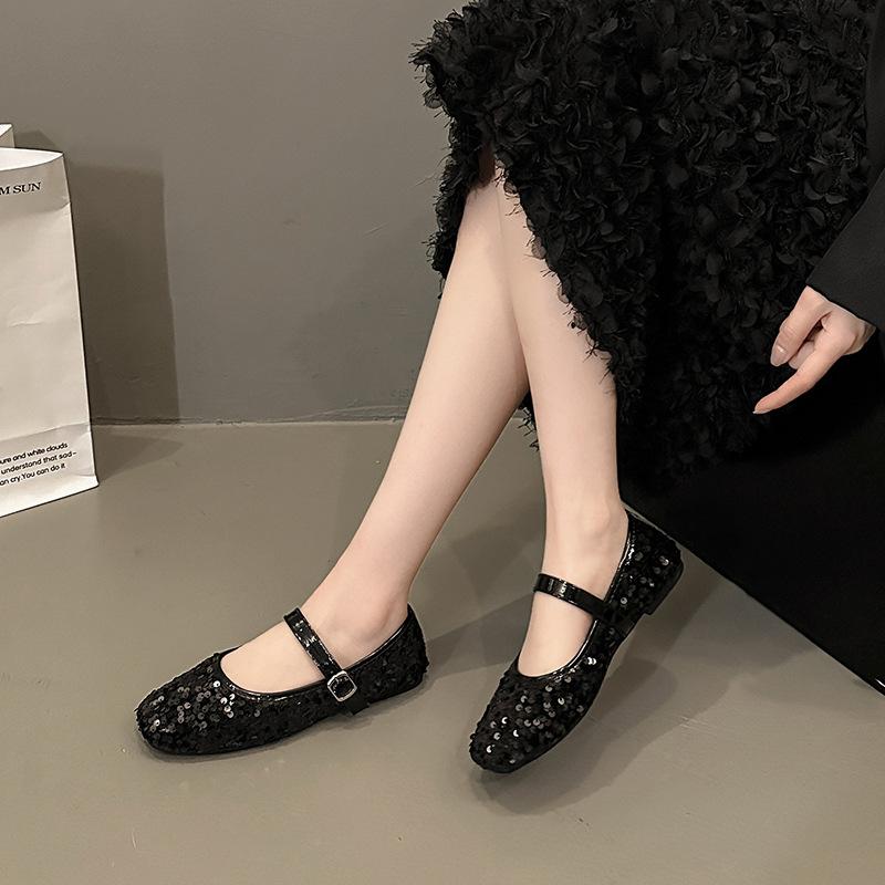 Silber paillettenbesetzte Mary Jane Einzelschuhe Damenschuhe neue Frühling- und Herbsttemperamentschuhe Einwortschuhe