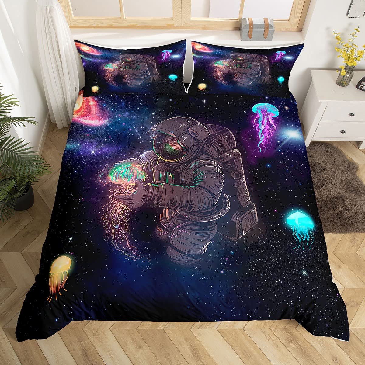 

3D Fashion Astronaut Soft Duvet Cover featuring Pilowcase for Children Kids Bed Decor Quen King-Sized Dimensionsd Dimensions Space Universe Theme 100*200cm Single