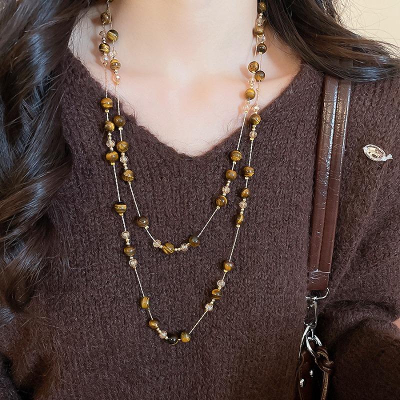 Stylish Natural Stone Tiger Eyes Glass Beads Strand Necklace for Women Gold Copper Long Double Layers Sweater Chain
