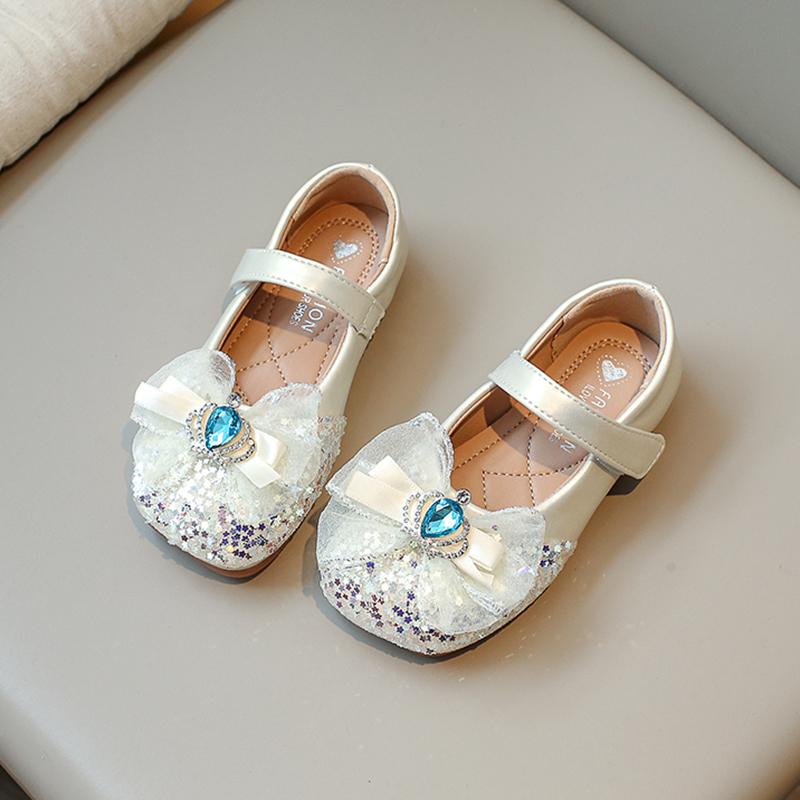 New Girls Mary Jane Shoes for Party Wedding Shows Rhinestones Bow Sequins Hook & Loop Children Fashion Leather Shoes 2024 Korean