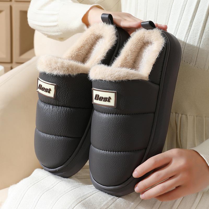 PU leather cotton slippers warm in autumn and winter home EVA thick bottom, non-slip indoor and outdoor wear waterproof velvet cotton mop