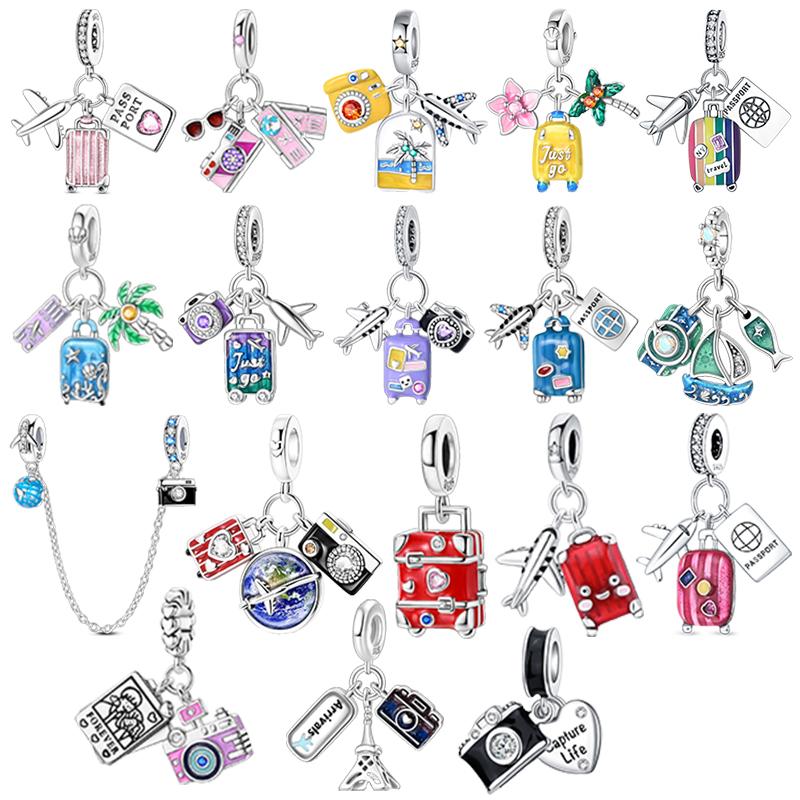 925 Sterling Silver Charms Bead Travel Series Luggage Camera Aircraft Charm Fit Original Bracelet Pendant DIY Jewelry for Women