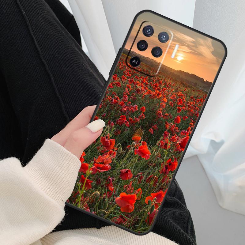 Red Corn Poppy Flower Case For Oppo A18 A38 A58 A78 A98 A80 A60 A40 A96 A76 A16 A94 A74 A54 A15 A17 A57 A77 A5 Pro