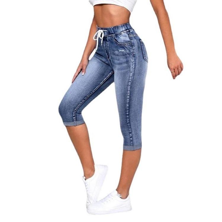 High Waist Women Denim Jeans Shorts Stretch Drawstring Knee Length Ripped Hole Jean Pants