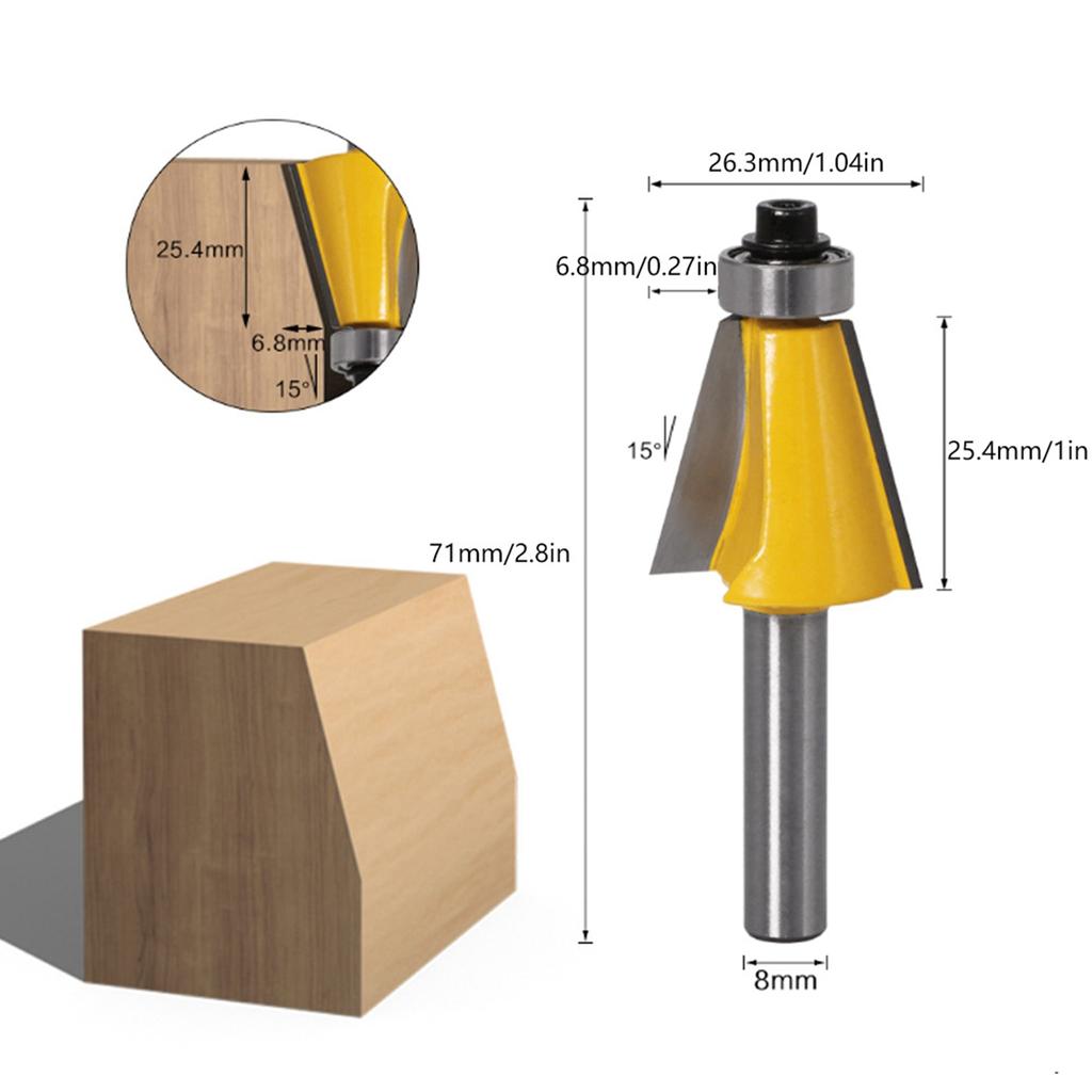 8mm Shank Chamfer Bevel Edging Router Bit with Bearing Woodworking Milling Cutter15 Degrees